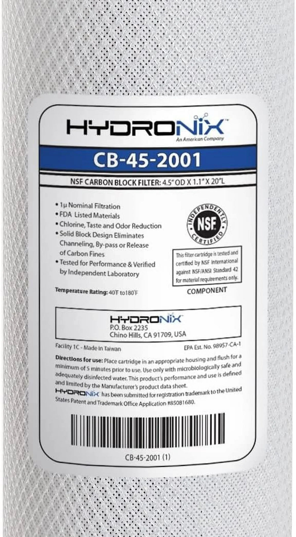 Hydronix Filter Micron 20-inch x 1 Carbon Water Replacement CB-45-2001 4.5-inch