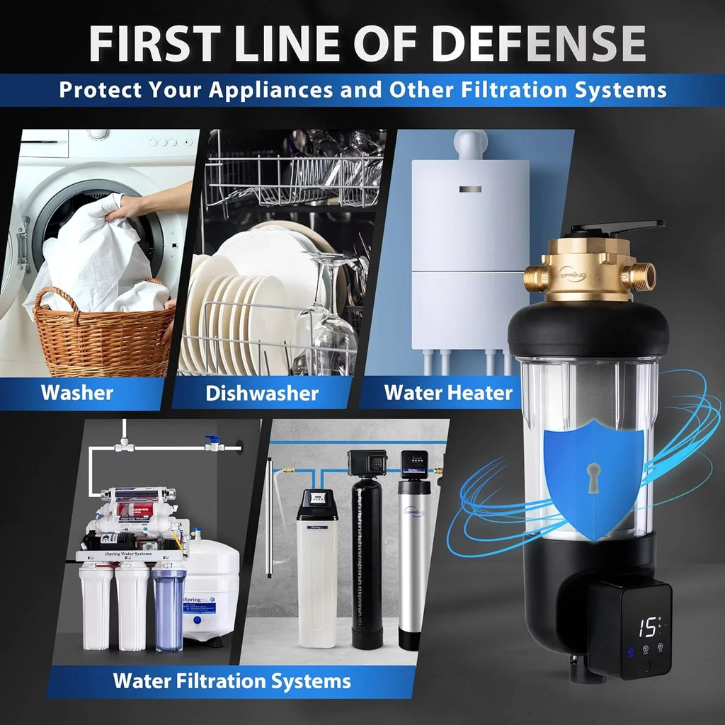 WSP100ARJ-BP Spin-Down Auto Upgraded Clear Sediment Whole Filter with iSpring Flushable and Microns Reusable, House Water Touch-Screen Jumbo Modes, Size, Housing, 100 Flushing, Bypass, Prefilter, 4