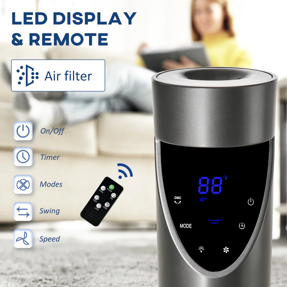 for Grey 3 atmospheric and with Control, 12H Cooling Speeds, Filter, Tower Timer, Oscillating, Fan HOMCOM Bedroom 46" Remote