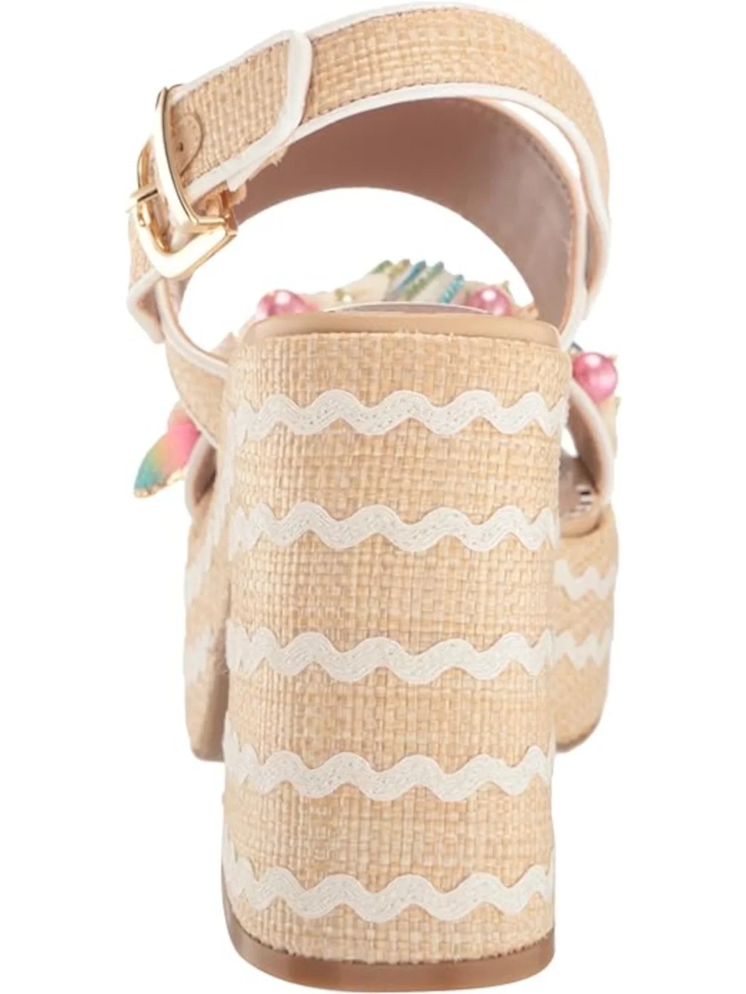 Mixed Woven M JOHNSON BETSEY Media Beige Round Buckle Block Heel Platform 10 Toe Embellished Womens Shellie Sandal 2" Slingback