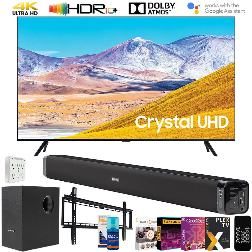 & 65 TV Gear UN65TU8000 60W with Soundbar and Screen Cleaner TV TV Adapter, Bundle Digital Samsung (65TU8000 65-inch 4K Smart Deco Mount, 65" LED UHD (2020) Subwoofer, Essentials Surge TV) Inch Wall
