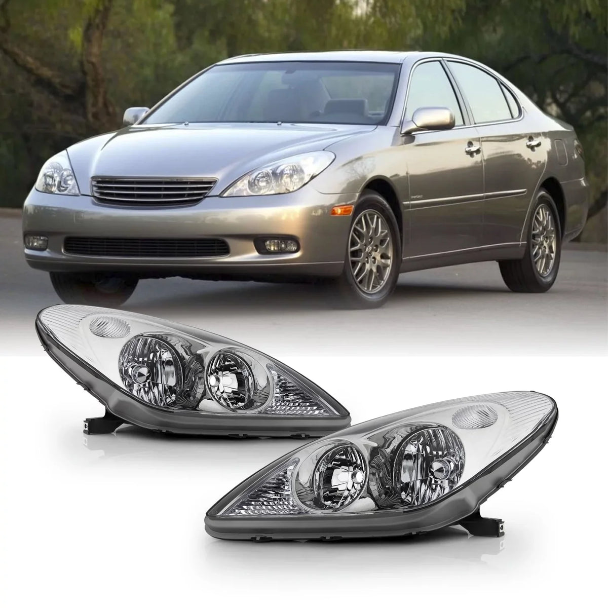 2002 AKKON / 2004 Headlights Style Chrome ES300 2003 - OE Replacement ES330 Pair Housing For Lexus