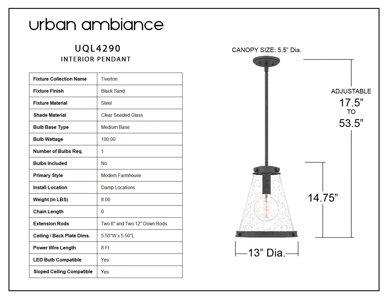 Style Design, Indoor Farmhouse and Transitional UQL4290 Black Clear Elements, with Sand Seeded Glass, 14.75''H x Finish Pendant, Luxury Modern 13.00''W, Casual