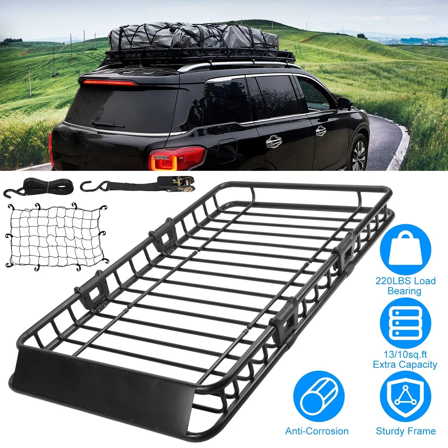 Carrier Heavy 220lbs Basket Strap Black Capacity Hook Cargo with Net Universal 63x39x6.3in, Rack Elastic Top Car Cargo Duty Holder Rack Roof iMounTEK Luggage