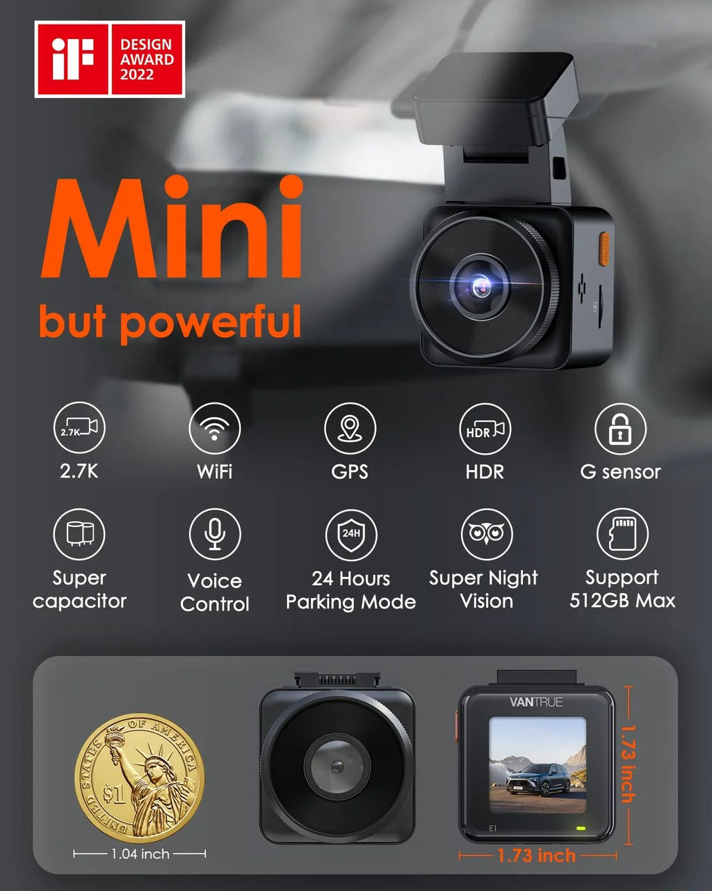 and Max Buffered WiFi Wireless Night with APP, Support 24 Motion Controller, Vision, Voice GPS Car Hours Parking Mode, Camera, E1 Mini Dash Detection, Dash Control Vantrue Front Cam 512GB 2.7K Speed,