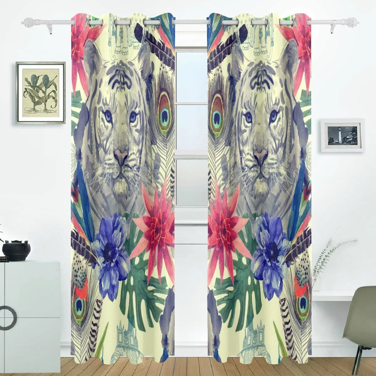 With Room,2 Blind Blackout Indian Thermal Vintage Head Bedroom Curtain (52Wx84L Living Inches) Pattern Window Curtains Tiger Feather POPCreation Curtain Darkening Panel Style for