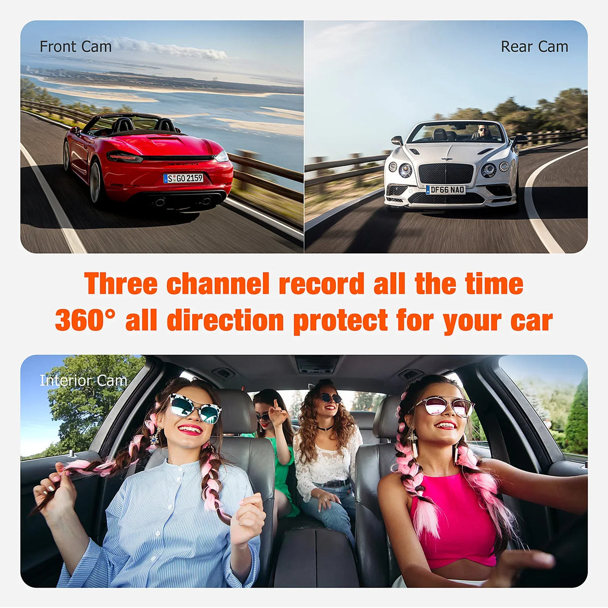 Detection Cam Camera Accident Camera Way Vision Rear 1080P Parking Lock Dash Car Motion Triple Night with Channel IR Three Inside Dash Front and Monitor TOGUARD 3