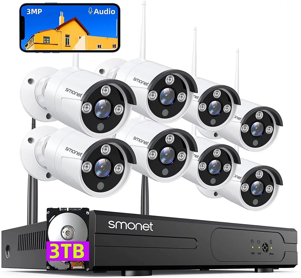 Cameras,P2P,Night Kits, with System 3MP Hard SMONET Indoor Outdoor Camera Wireless Detection 3TB Drive,8CH Audio, Vision,AI NVR Security CCTV Human 8Pcs 3MP 3MP Surveillance