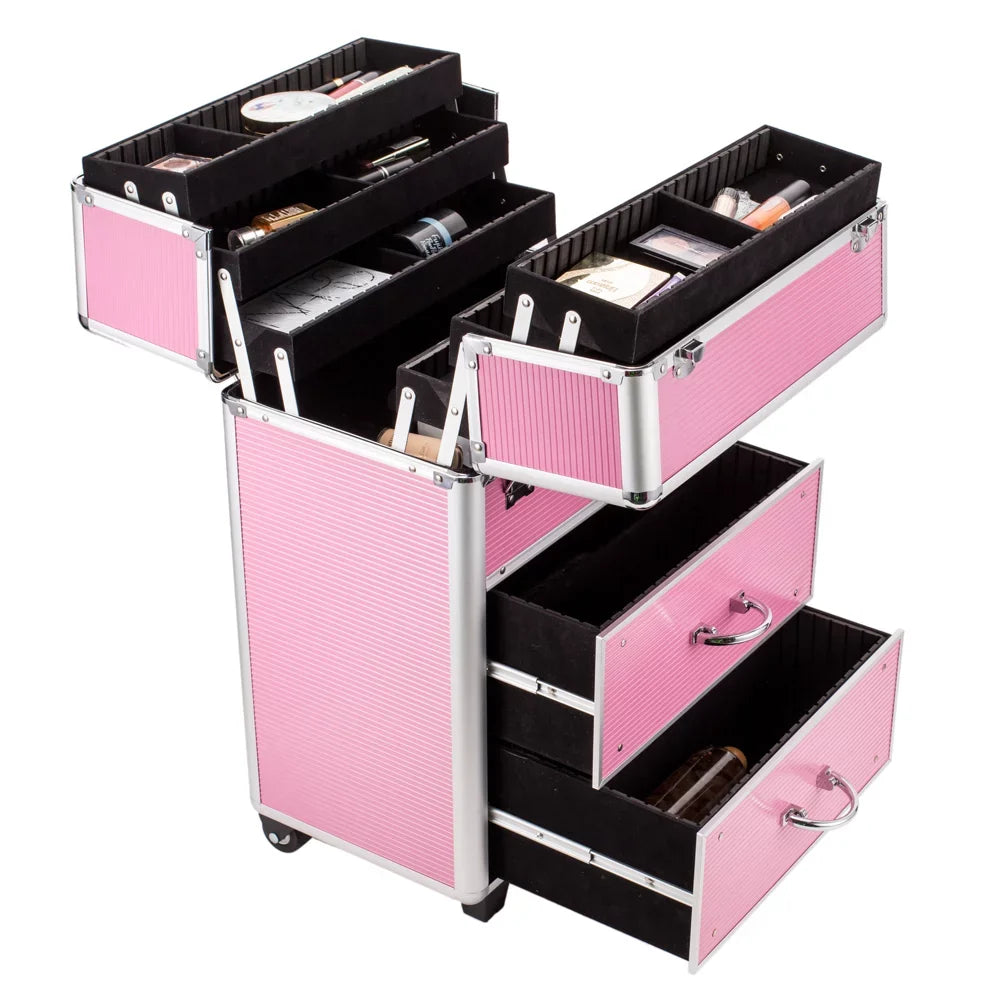 Trays, with Cosmetic Extendable Cosmetic Lockable Organizer Train for Cases, Rolling Case Makeup WRWQ852 Tier Wheels Case Women, Makeup Pink Cosmetic 4 Rolling