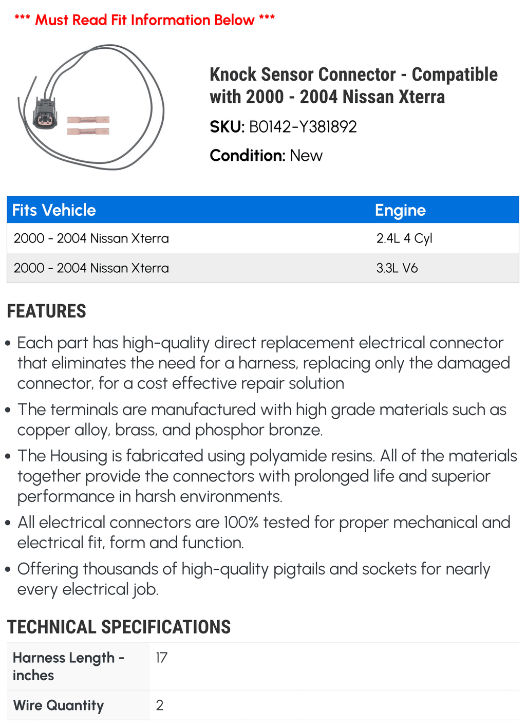 2004 with 2001 Nissan Compatible - 2002 - 2003 Xterra Connector 2000 Knock Sensor