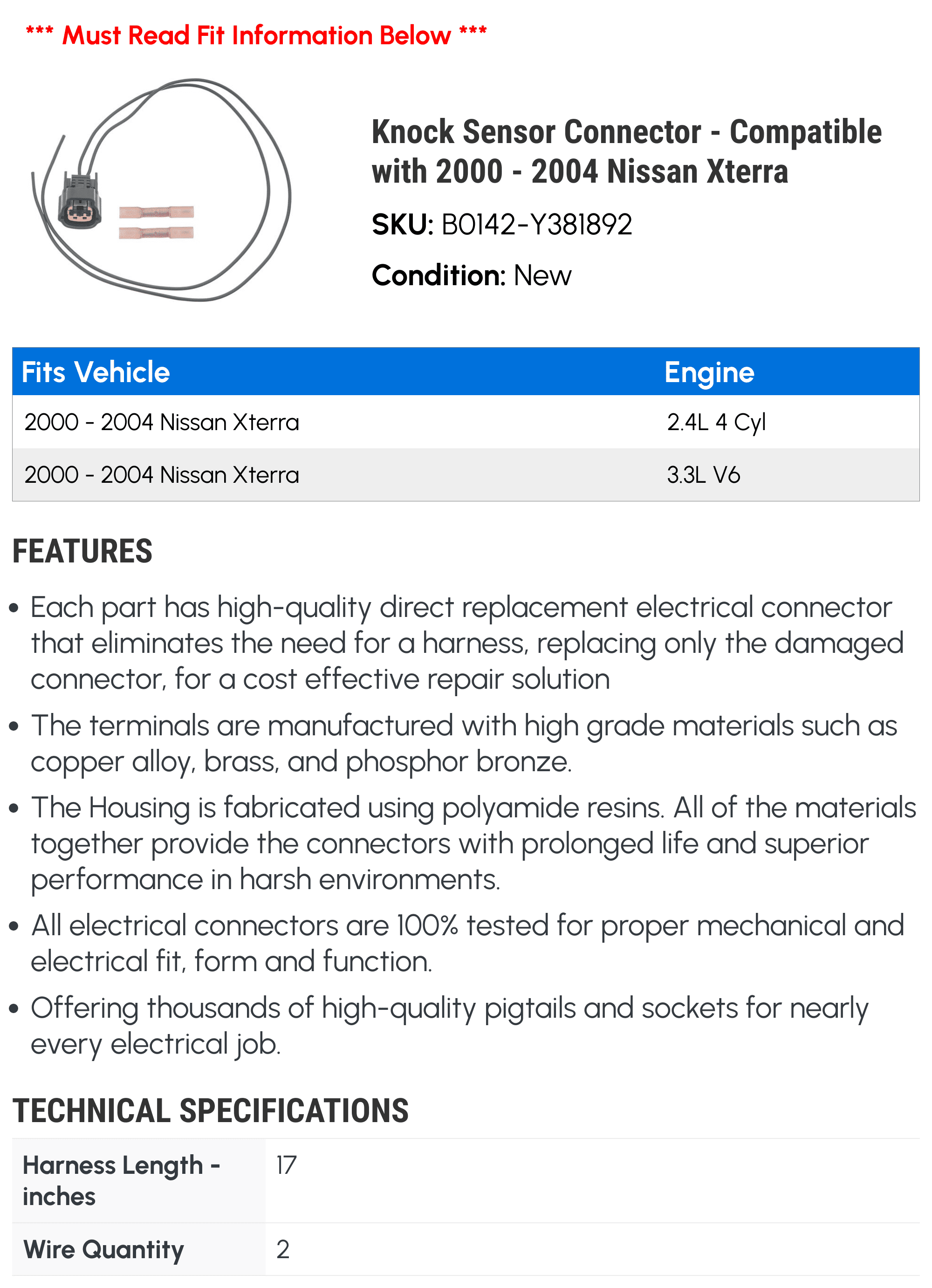 2004 with 2001 Nissan Compatible - 2002 - 2003 Xterra Connector 2000 Knock Sensor