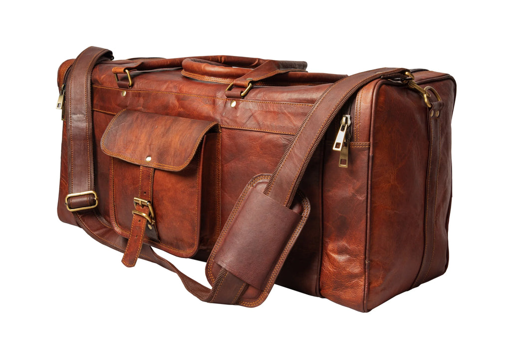 Brown Handmade Square Weekender Travel Leather Duffle Bag.