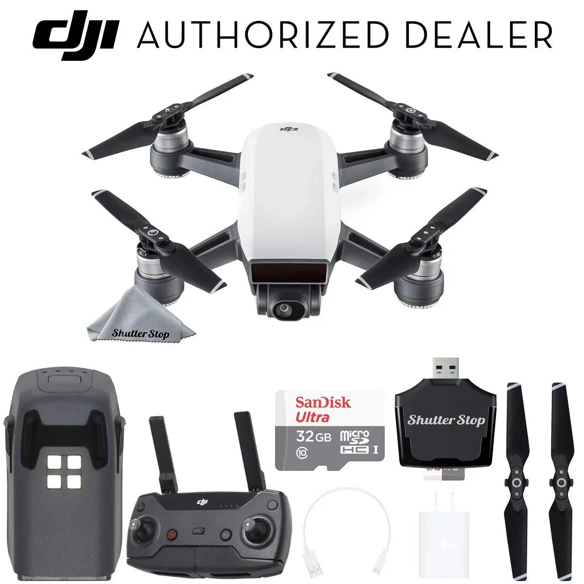 Battery, DJI Card with Sandisk 32GB Remote Reader, Starter Charger, (Alpine Bundle Card, Quadcopter Controller, Kit Drone White) Spark Memory