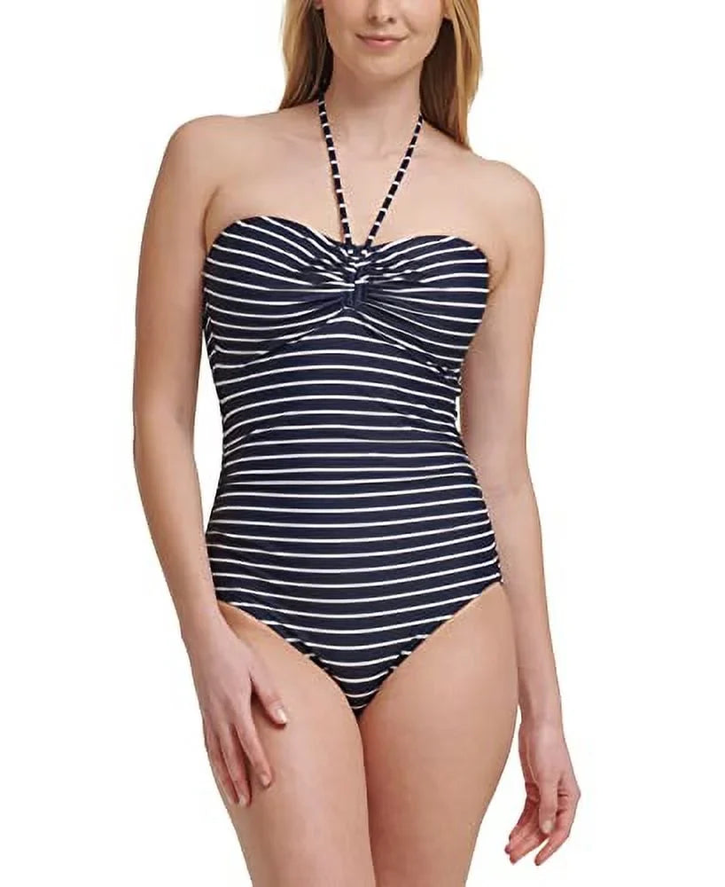 Neck Cup 4 Stretch Tie Bandeau One Molded Piece Coverage Swimsuit TOMMY Navy Women's Moderate Striped Lined HILFIGER