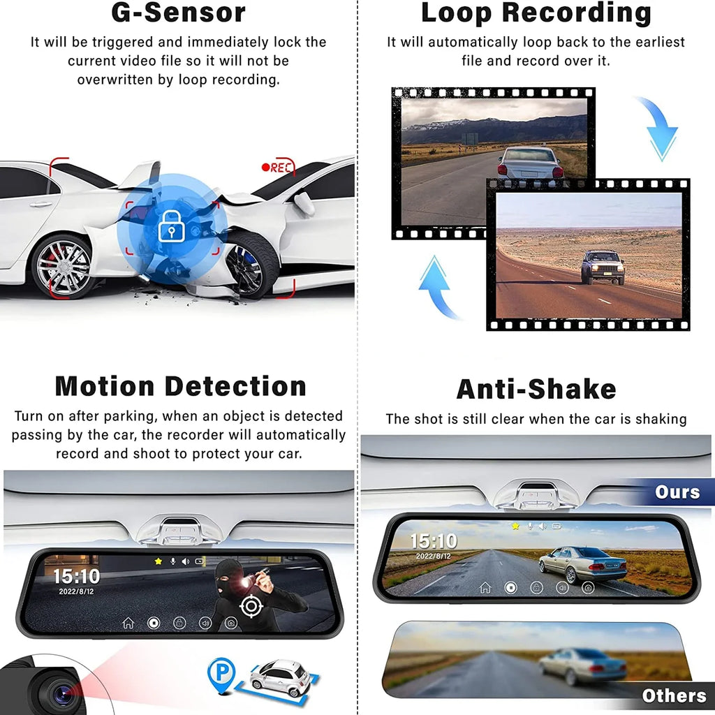 Dash Assistance, Mirror Camera, Vision, Super Motion Kit 10" Night Cars, Rear Recording for View, and Backup 1080P Front Screen Loop Dash Cam Touch Camera Dual Detection,Reversing