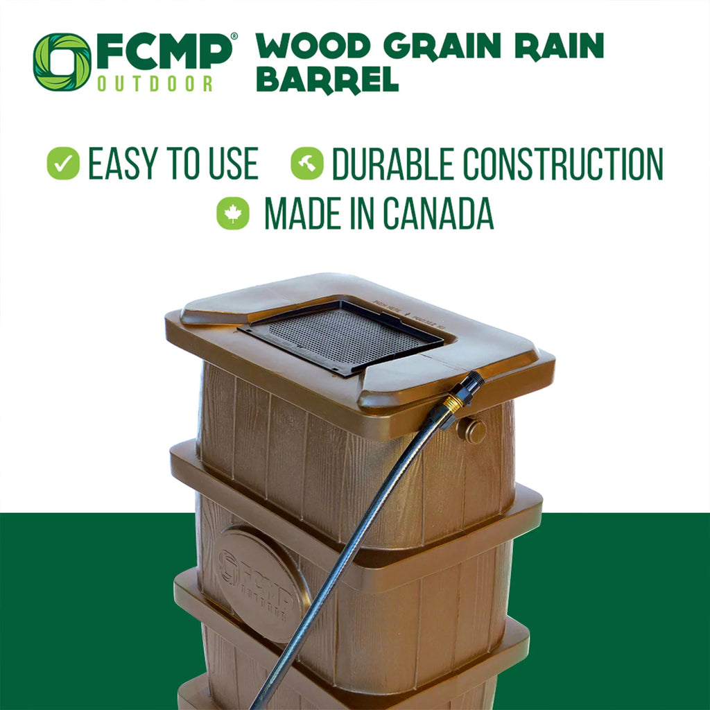 FCMP Outdoor Gallon Rain Catcher 45 Wood Barrel, WG4000 Grain Brown Water
