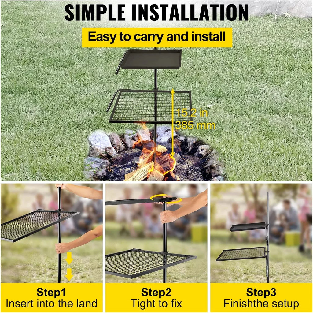 Cooking Open Layer Grate Height Pit Grill for Grill Section Fire Grate,Double Campfire Over Fire Grate Outdoor Pit,Three Grill Adjustable Flame