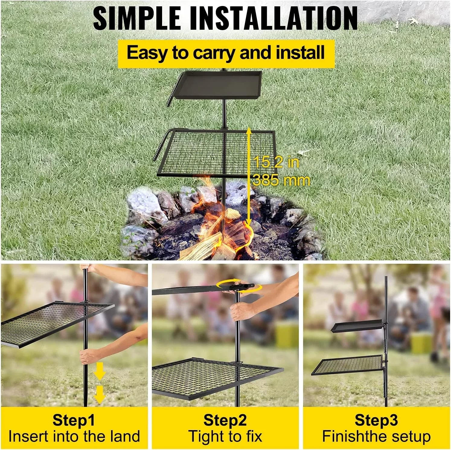 Cooking Open Layer Grate Height Pit Grill for Grill Section Fire Grate,Double Campfire Over Fire Grate Outdoor Pit,Three Grill Adjustable Flame