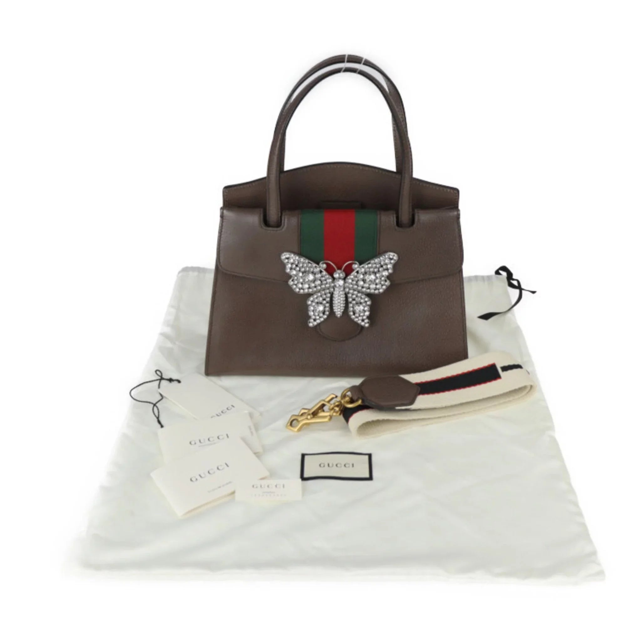 Brown Motif Butterfly Handbag Totem Pre-Owned Bag Leather 2WAY 505342 Shoulder Gucci (Good) Sherry GUCCI Rhinestone