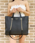Kate Black Infinite Compartment Triple Leather Bag Pebbled Large Spade Tote