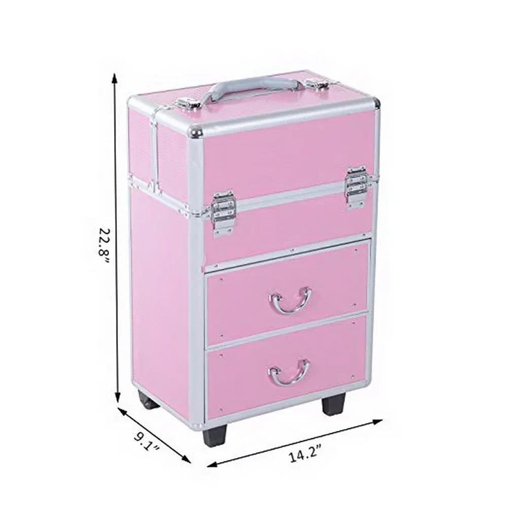 Trays, with Cosmetic Extendable Cosmetic Lockable Organizer Train for Cases, Rolling Case Makeup WRWQ852 Tier Wheels Case Women, Makeup Pink Cosmetic 4 Rolling