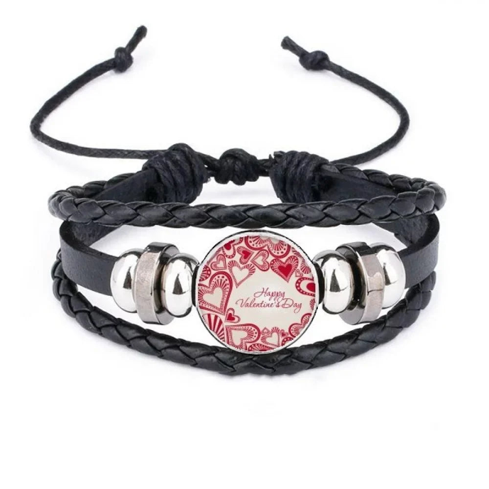 Cute Hearts Valentine's Day Happy Red Braided Leather Bracelet Rope Woven Wristband