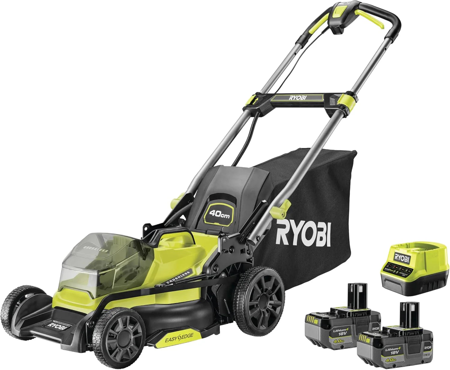 Ryobi 18 V One + Bezszczotkowa Kosiarka Akumulatorowa Ry18Lmx40C-240 (Szerokość Cięcia 40 Cm, 7-Stopniowa Regulacja Wysokości 25-75 Mm, Powierzchnie D