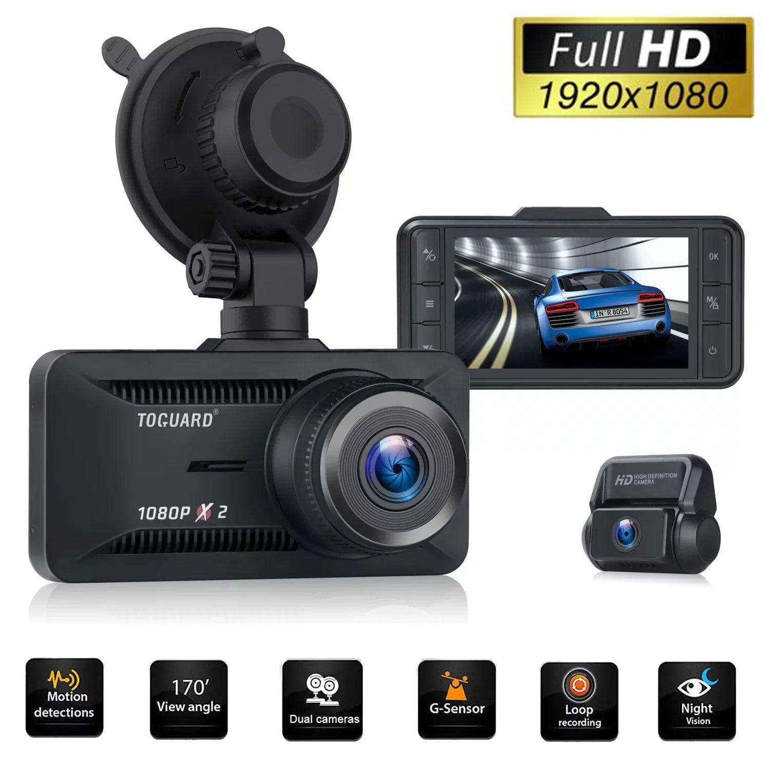 Camera 1080P Dual Dash G-Sensor GPS and Rear Recording IPS TOGUARD Black Camera WDR Loop Cam 3" Dash Car FHD Front