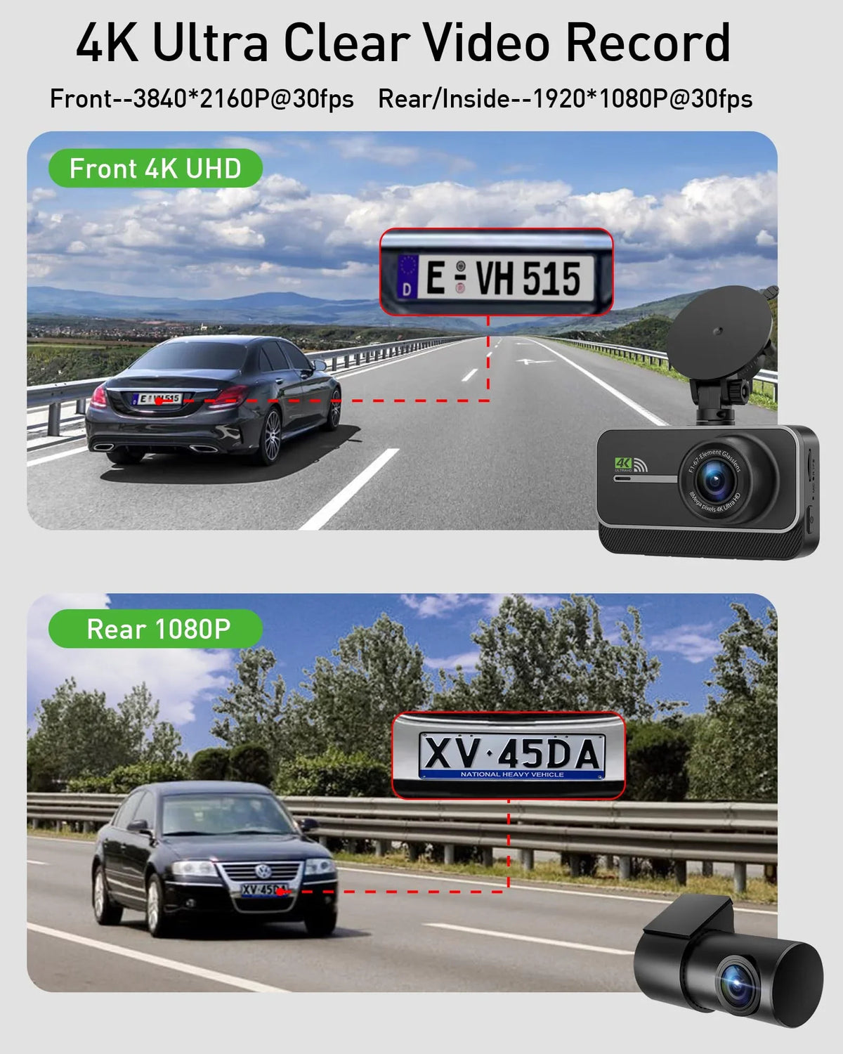 included 170° dash IPS night cam, parking hours dash recording, angle, rear car 4K+1080P 64GB loop front cam, wide Advanced 3-inch card WiFi 24 dual cam, SD mode, vision, and dual dash