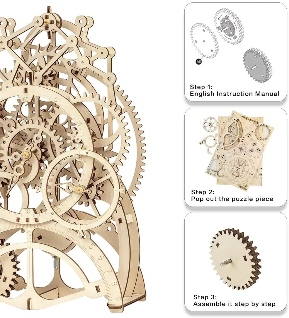 to 3D for Adults Clock Puzzle,Mechanical Gifts Build Birthday Robotime Set Gears Mechanical Building Kids Toy Pendulum Wooden