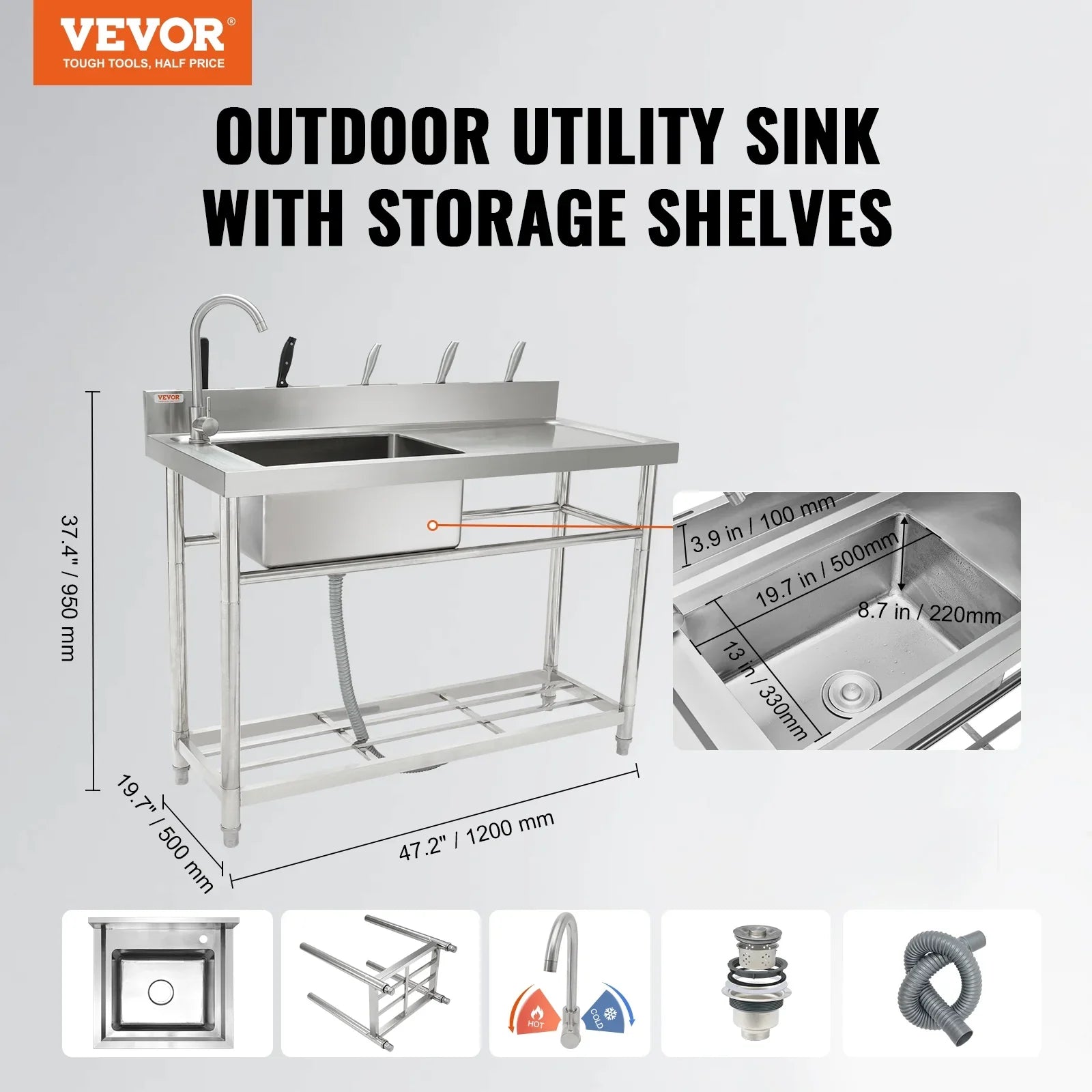 Utility Single Steel Sink w/Workbench BENTISM Bowl Stainless 47.2x19.7x37.4 in