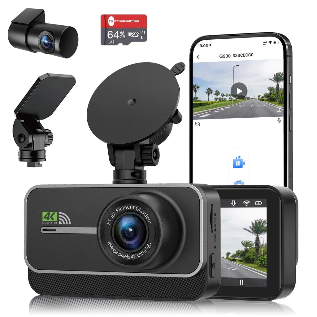 included 170° dash IPS night cam, parking hours dash recording, angle, rear car 4K+1080P 64GB loop front cam, wide Advanced 3-inch card WiFi 24 dual cam, SD mode, vision, and dual dash