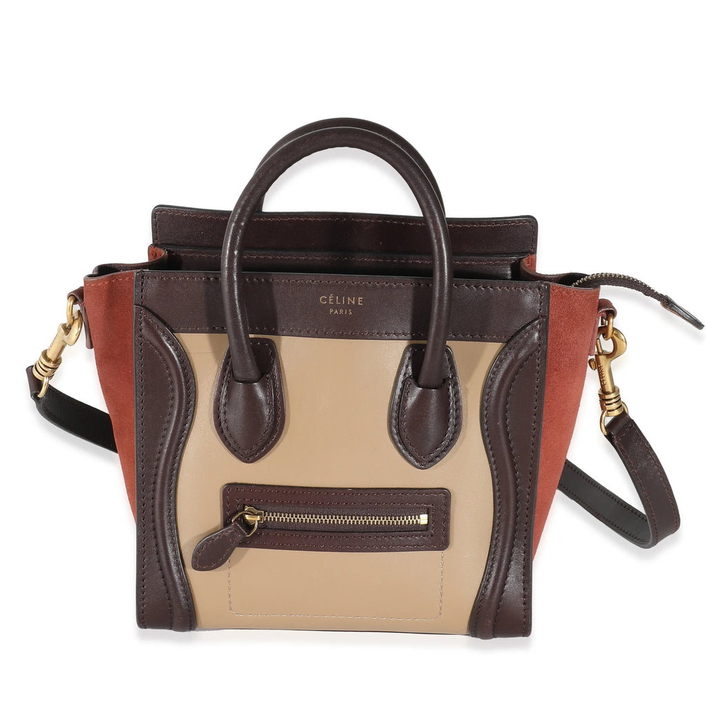 Leather Burgundy Suede Tri-Colour Brown Celine Nano Beige Luggage Pre-Owned