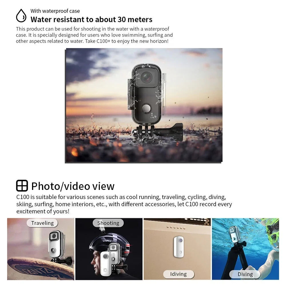Connection Back Mini APP Waterproof Camera Action Clip with Camera Magnetic Waterproof WiFi Digital SJCAM Video Body Sharing Case 1080P/30fps Battery 30M Lanyard C100 Built-in