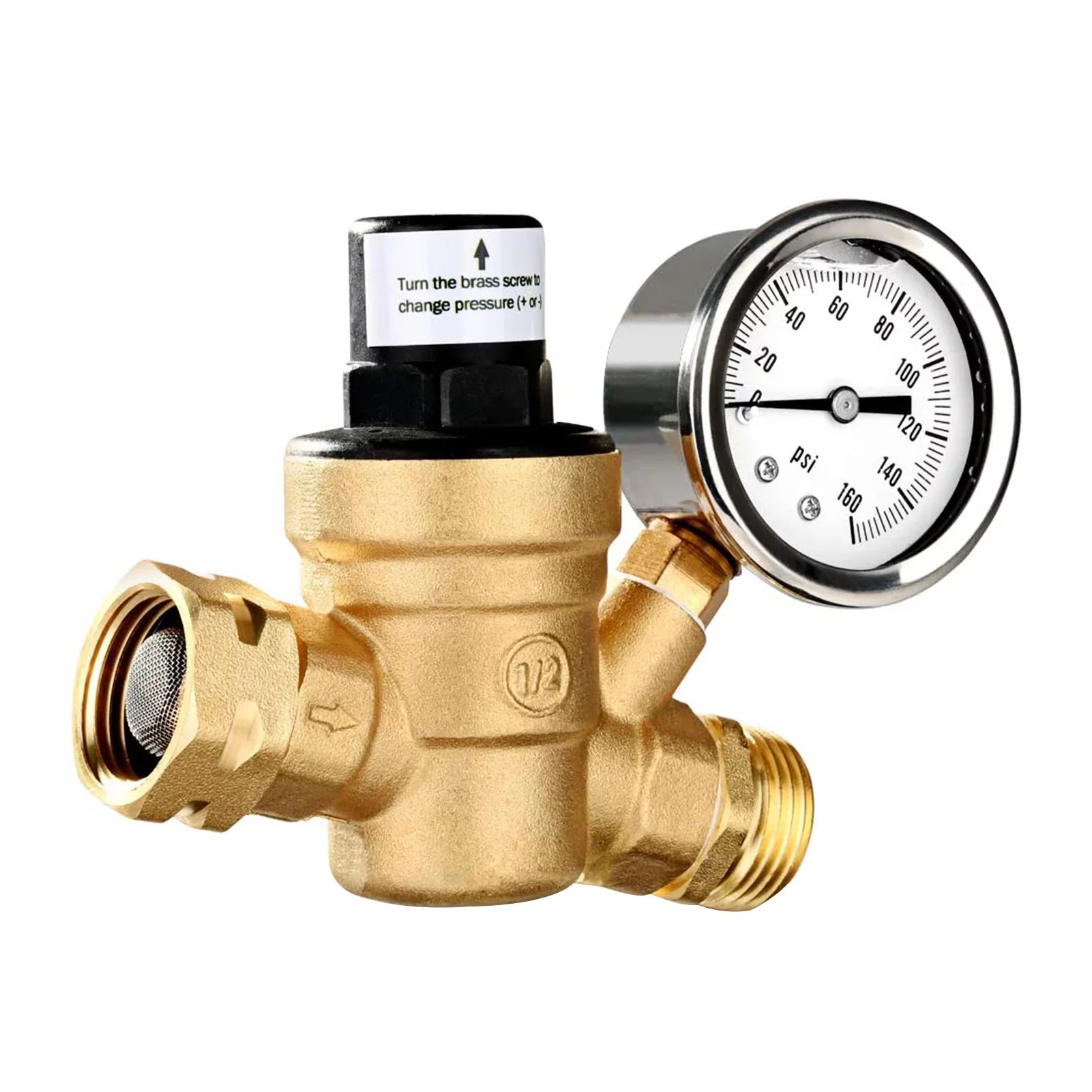 for Regulator Travel Adjustable - Screened and RV and Brass, Water Valve Gauge Pressure Lead-Free Filter, Ideal 0-160PSI Trailers with Inlet