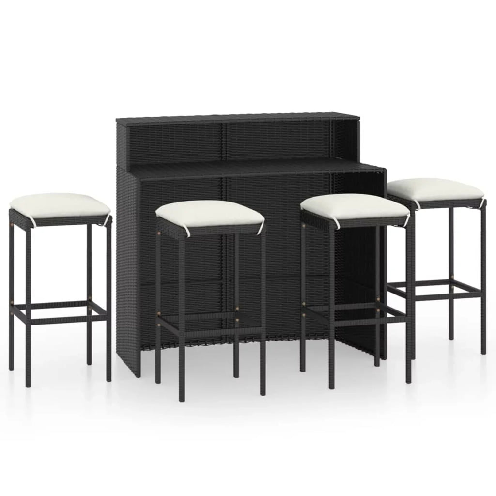 4 Chairs Rattan and Outdoor Poly Garden Dining with Piece Anself Shelf Bistro, Black Stool Set Storage Terrace, Pub, Bar Patio 5 for Set Table Backyard, Cushioned