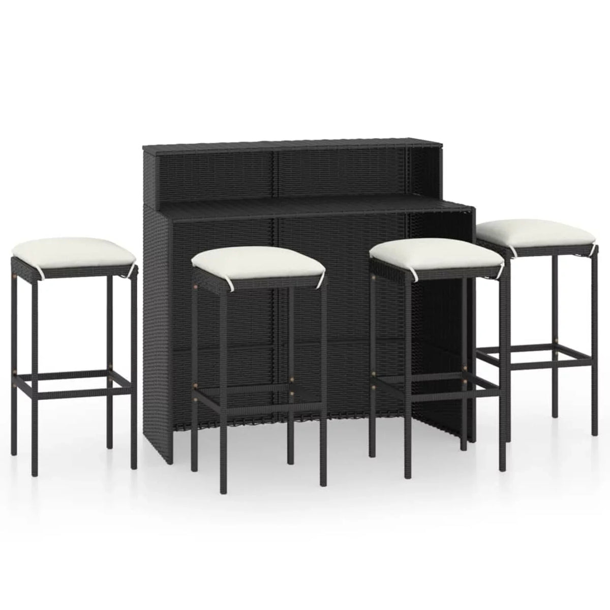 4 Chairs Rattan and Outdoor Poly Garden Dining with Piece Anself Shelf Bistro, Black Stool Set Storage Terrace, Pub, Bar Patio 5 for Set Table Backyard, Cushioned