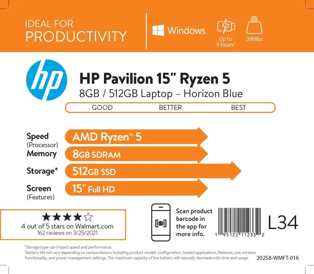 HP 15.6" 15-eh1070wm 11, 7-5700U, , Windows 8GB 512GB Horizon RAM, FHD, AMD Pavilion Ryzen SSD,