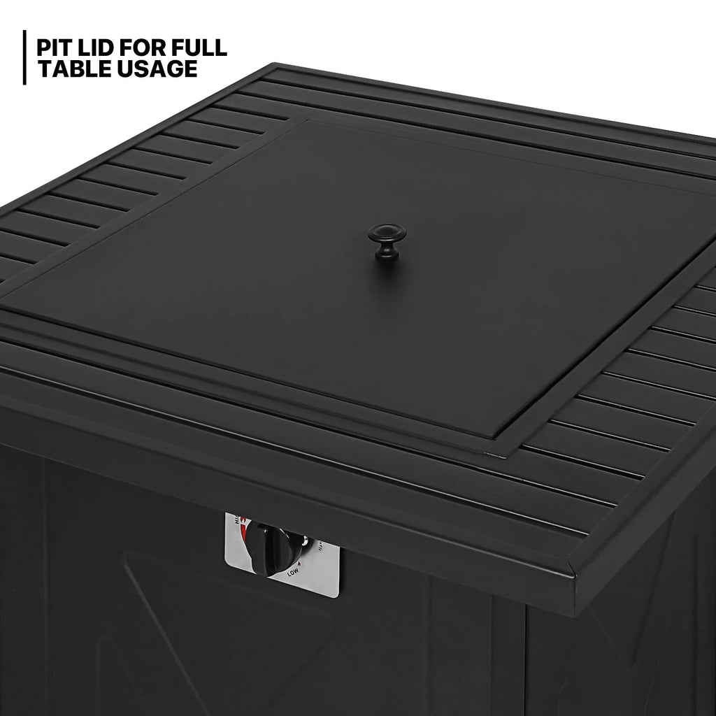 with MoNiBloom Propane Pit Table Gas Patio, Outdoor Lid 50,000 BTU Fire and Rocks Square Metal Fire Lava for Pit Table Black 28"