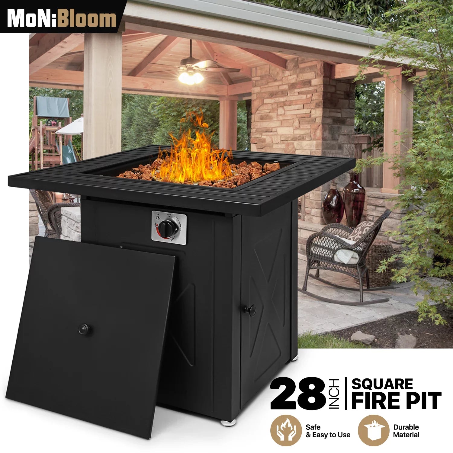 with MoNiBloom Propane Pit Table Gas Patio, Outdoor Lid 50,000 BTU Fire and Rocks Square Metal Fire Lava for Pit Table Black 28"