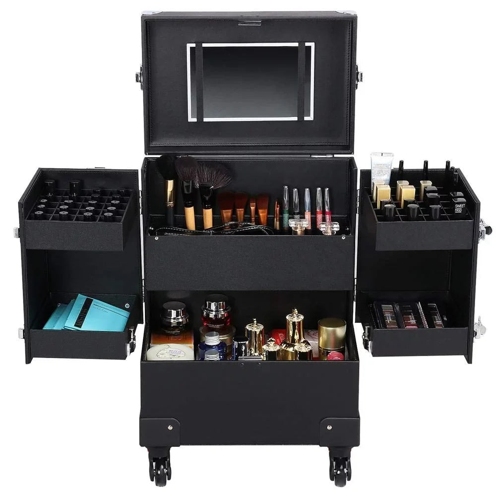 Rod Cosmetic Handle, Makeup Removable 4 Trolley Case Black Wheels, Rolling Train with Luggage Travel Case, Pull Spinner Mirror and