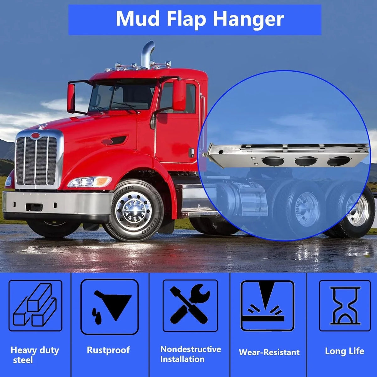Stainless Straight Length 2.5" Spacing Semi Holder Flap Steel Hanger Set fit Mudflap Trucks Mud Bolt POWERWORKS for Loaded Bracket Spring 30"