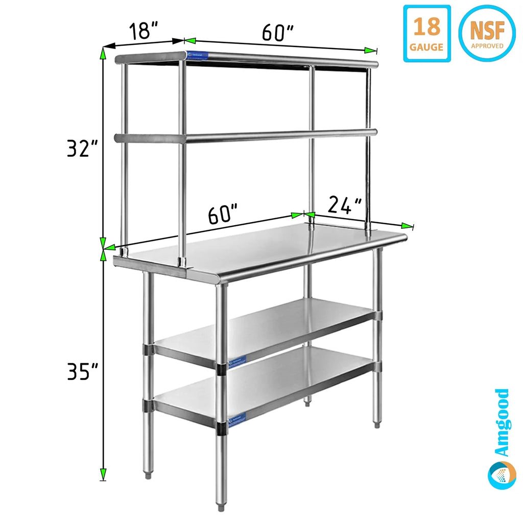 Wide Shelving | | Work Combo Kitchen Table Tier Table Two Stainless Metal Prep Shelves Overshelf Double With x & 60" 24" 18" Steel