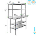 Wide Shelving | | Work Combo Kitchen Table Tier Table Two Stainless Metal Prep Shelves Overshelf Double With x & 60" 24" 18" Steel