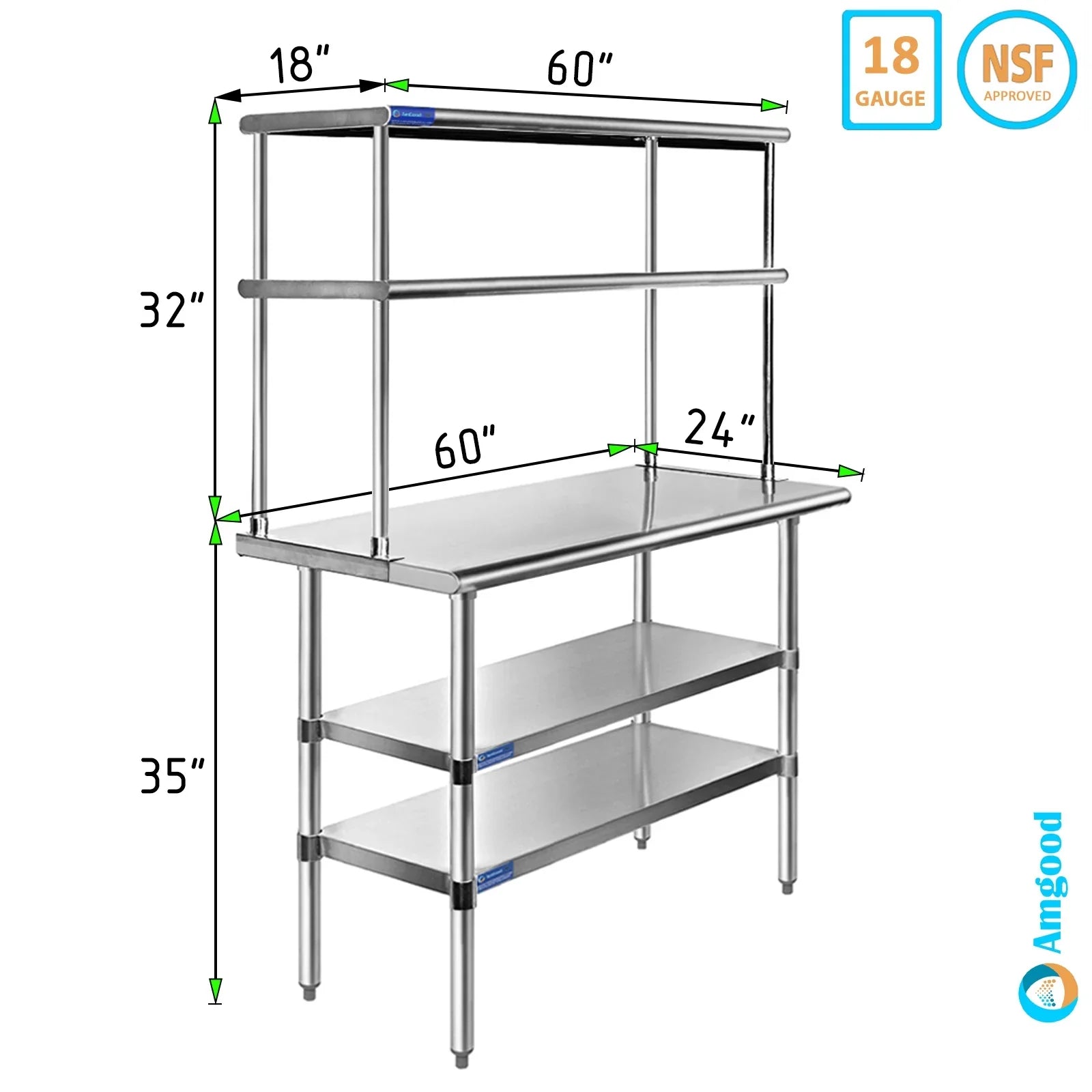 Wide Shelving | | Work Combo Kitchen Table Tier Table Two Stainless Metal Prep Shelves Overshelf Double With x & 60" 24" 18" Steel