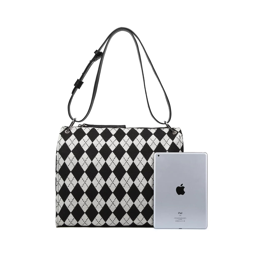 Shoulder pattern Black checkerboard handbag and clutch Ladies off-white Bag handbag