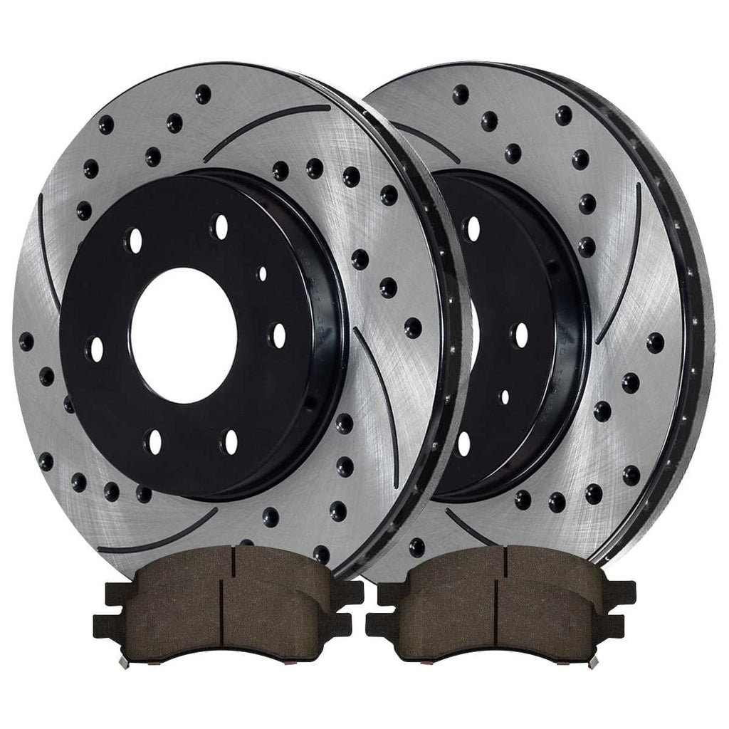 2009-2017 Chevrolet Black Kit and Pads Outlook Passenger Acadia Driver Front Enclave Saturn Side AutoShack and Limited 2008-2017 Traverse Slotted GMC Ceramic for Rotors Replacement Brake Drilled Buick