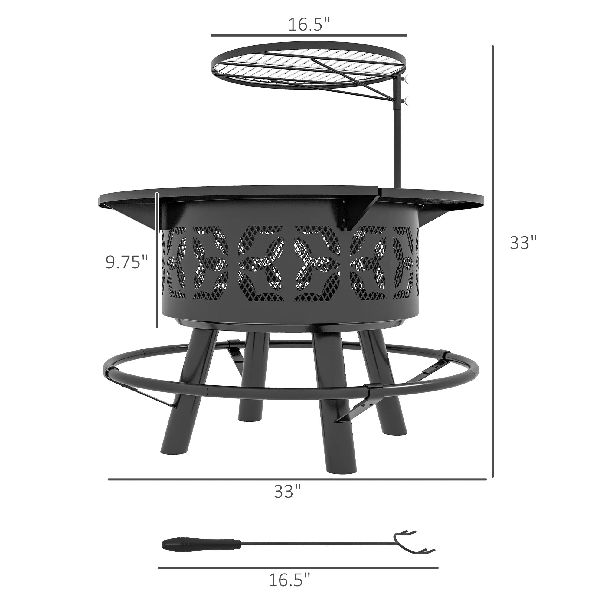 Picnic, for Round, Cooking Adjustable Poker, Backyard, Outdoor Grate BBQ with Wood and Pit Patio, Grill Black 33" Burning Fire Firepit Capri