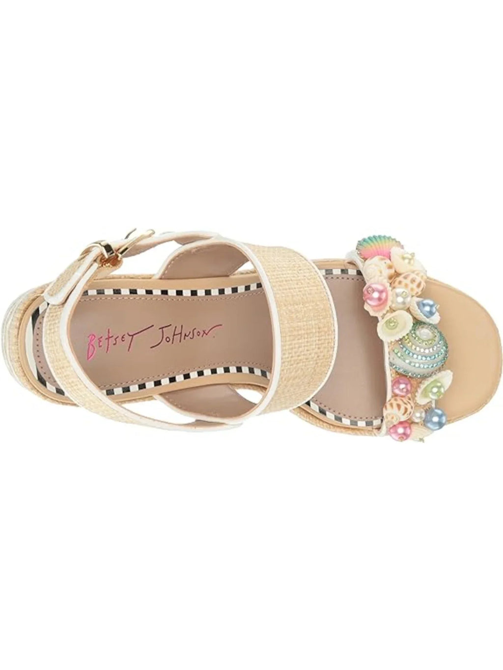 Mixed Woven M JOHNSON BETSEY Media Beige Round Buckle Block Heel Platform 10 Toe Embellished Womens Shellie Sandal 2" Slingback