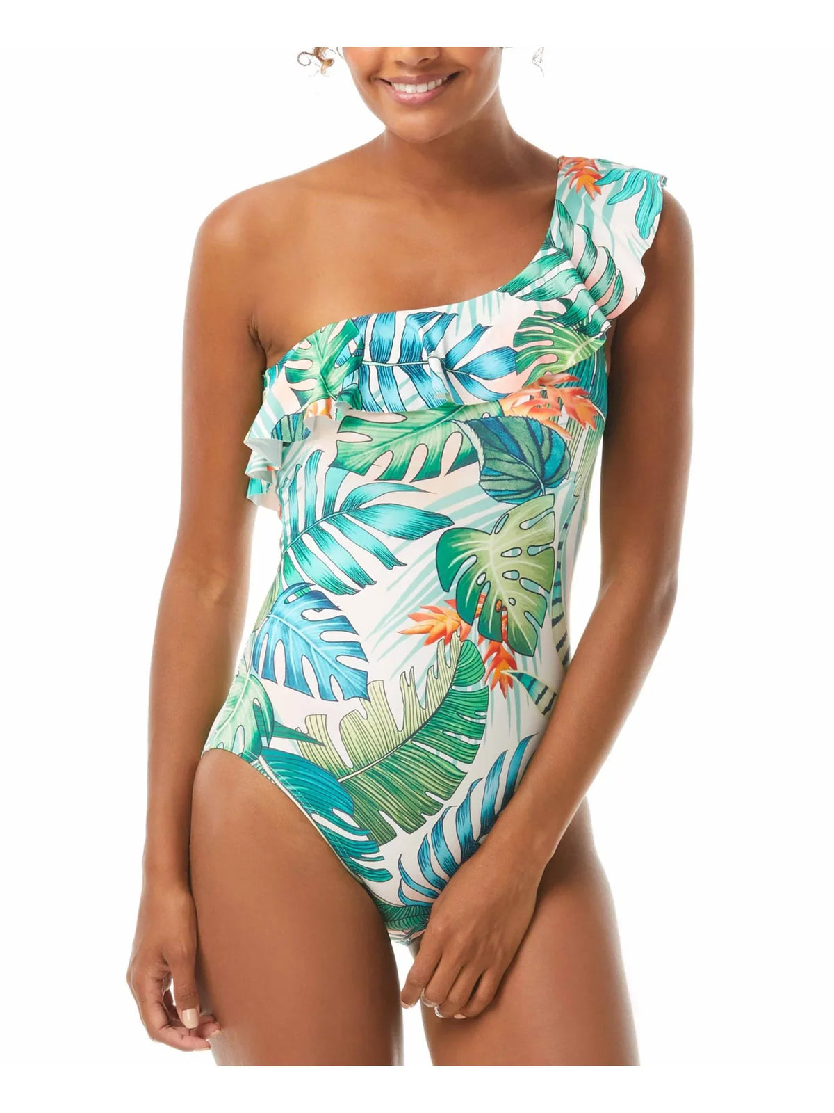 CAMUTO One Cups SWIM One Moderate Ruffled Removable Palm Color Lined VINCE Shoulder Print Swimsuit Coverage 4 Multi Stretch Convertible Women's Piece